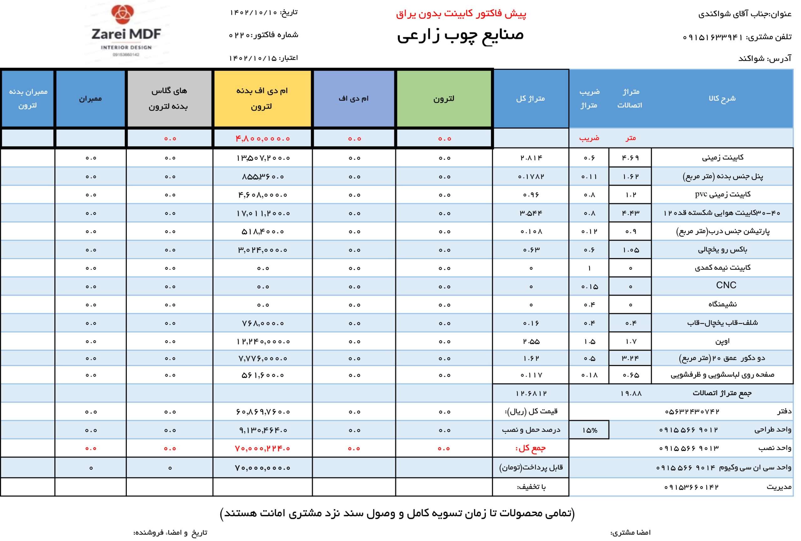 فاکتور کابینت اقای شواکندی صنایع چوب زارعی