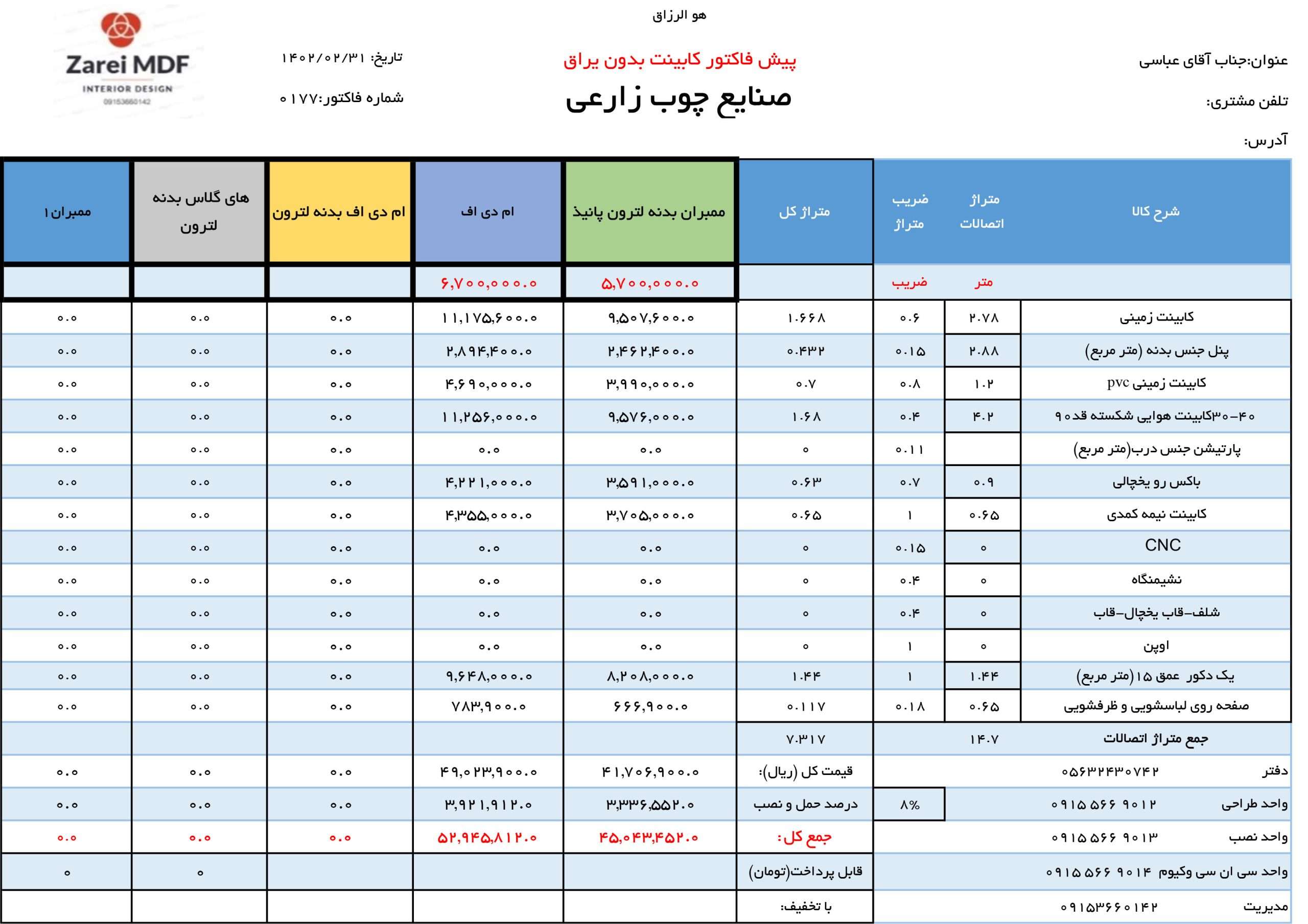 فاکتورکابینت منزل آقای عباسی امیرایاد صنایع چوب زارعی
