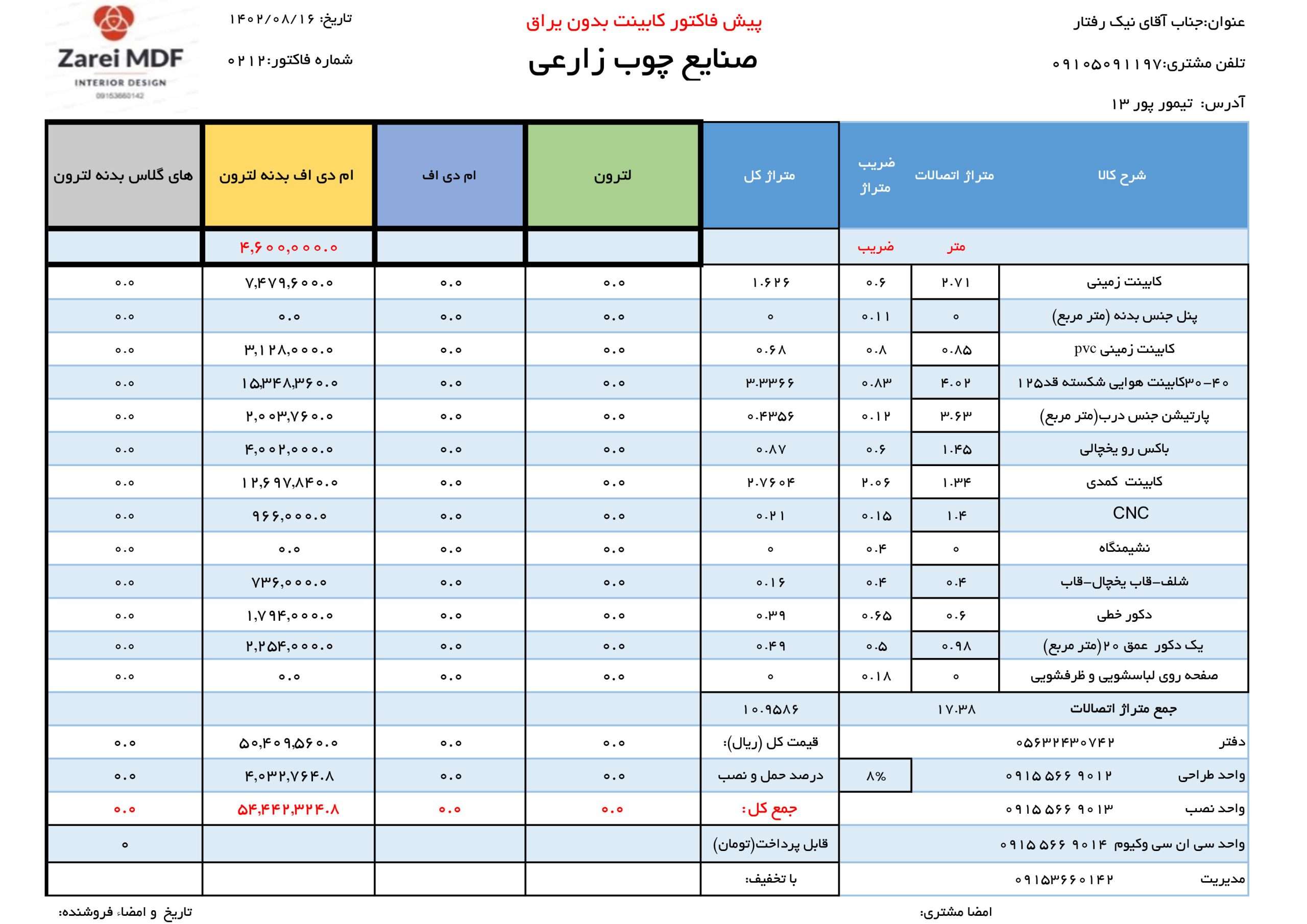 فاکتور منزل آقای نیک رفتار صنایع چوب زارعی