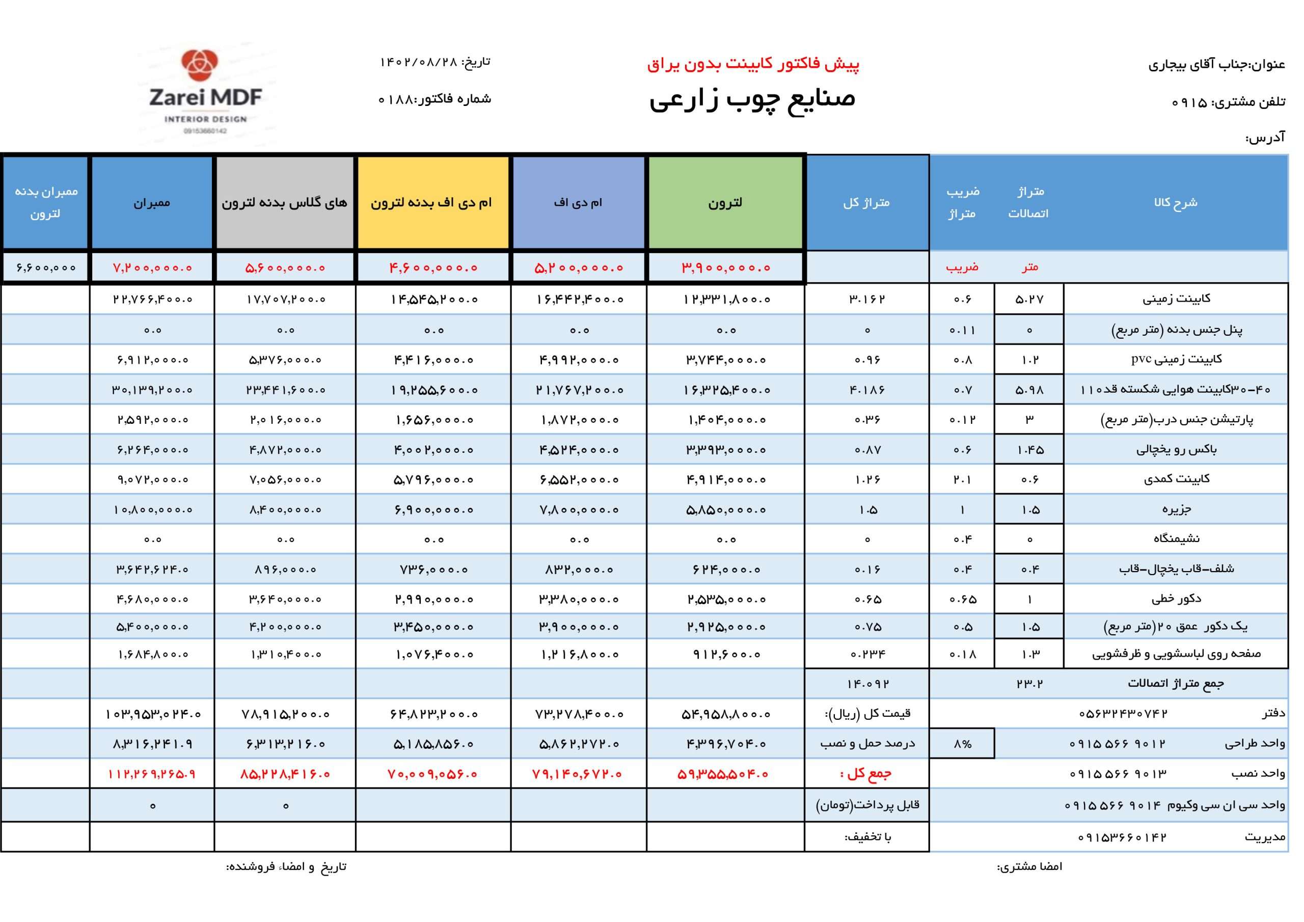 فاکتور منزل آقای بیجاری مشهدصنایع چوب زارعی